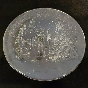 Christmas Holiday Embossed Clear Glass 12 1/2" Serving Platter Plate